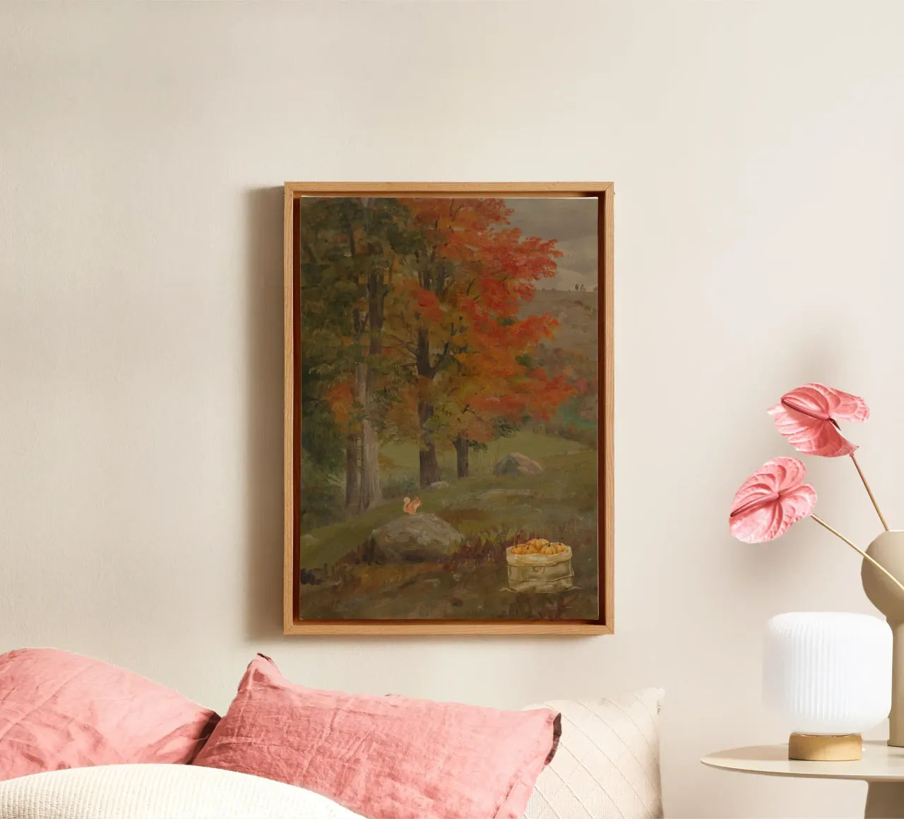 Autumn Landscape with Squirrel and Apples Painting canvas with Floater frame by vintagepod