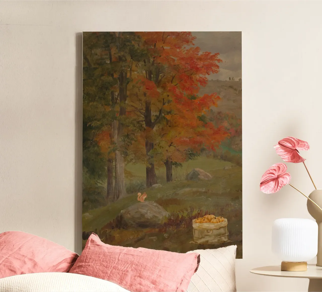 Autumn Landscape with Squirrel and Apples Painting canvas with Floater frame by vintagepod
