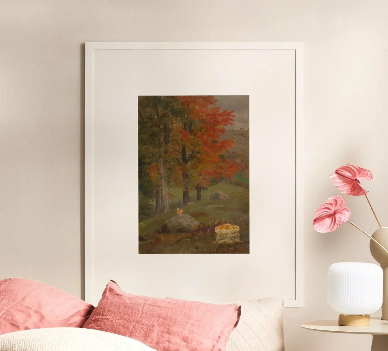 Paesaggio autunnale con scoiattolo e mele pittura poster da vintagepod