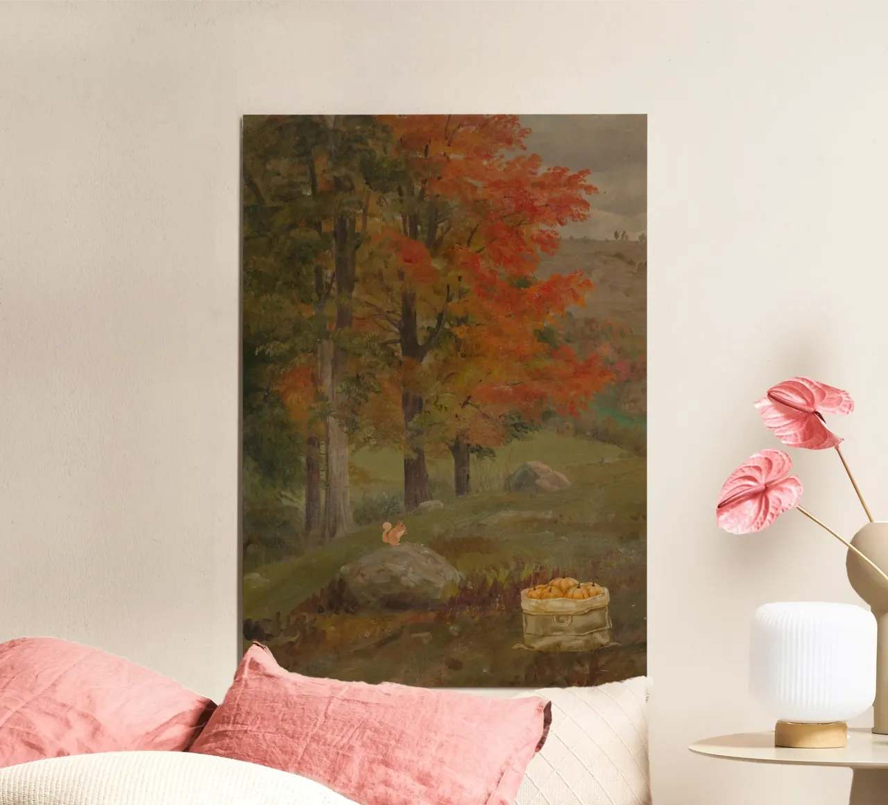 Paesaggio autunnale con scoiattolo e mele pittura poster da vintagepod