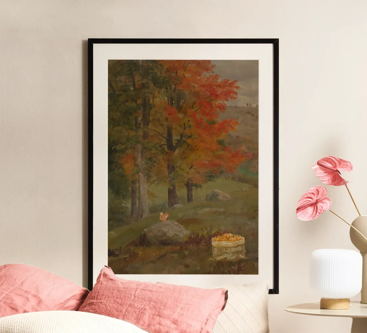 Paesaggio autunnale con scoiattolo e mele pittura poster da vintagepod