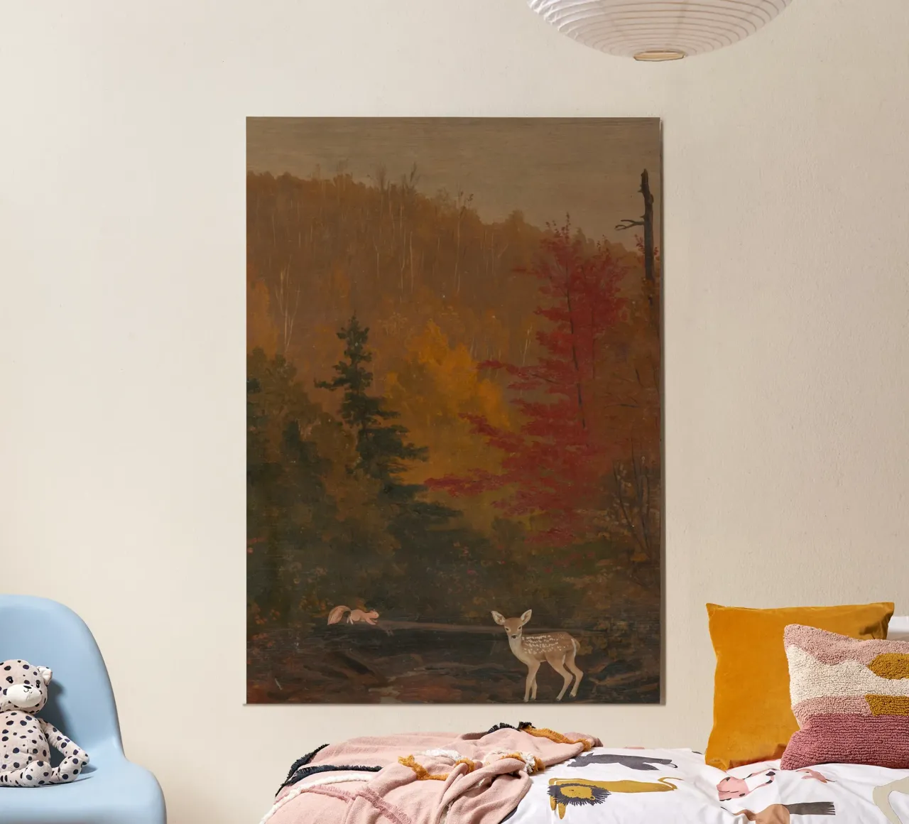 Foresta d'autunno vintage con cerbiatto e scoiattolo poster con telaio in alluminio da vintagepod