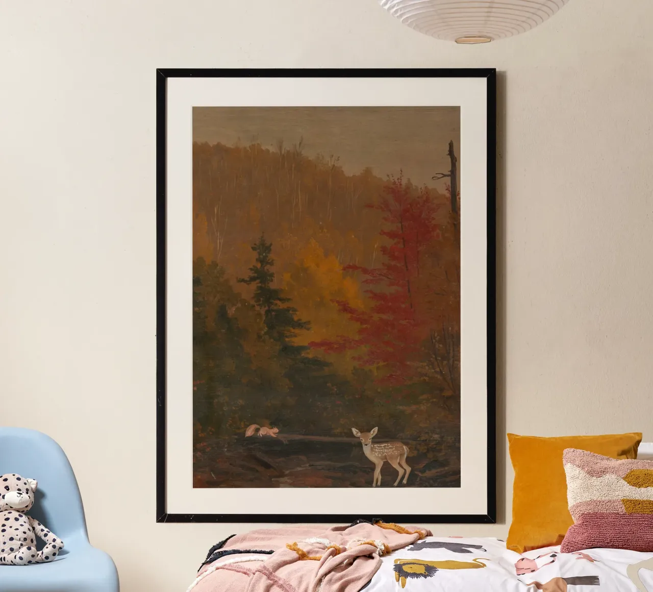 Foresta d'autunno vintage con cerbiatto e scoiattolo poster con telaio in alluminio da vintagepod