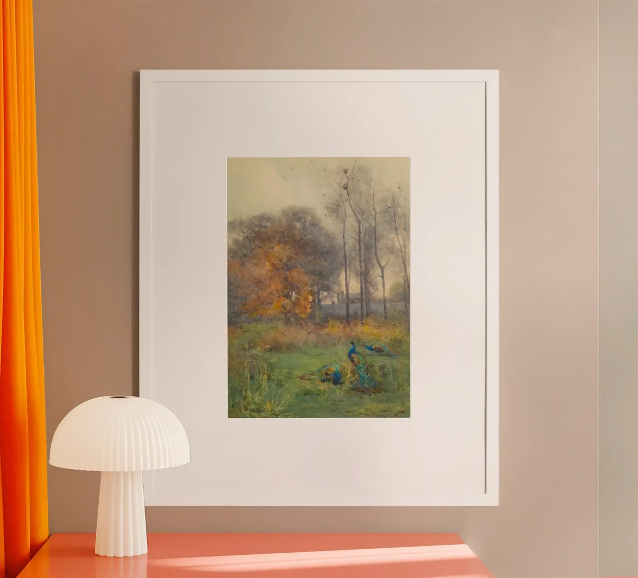 Pavoni in un paesaggio autunnale Arte ad acquerello poster con telaio in alluminio da vintagepod