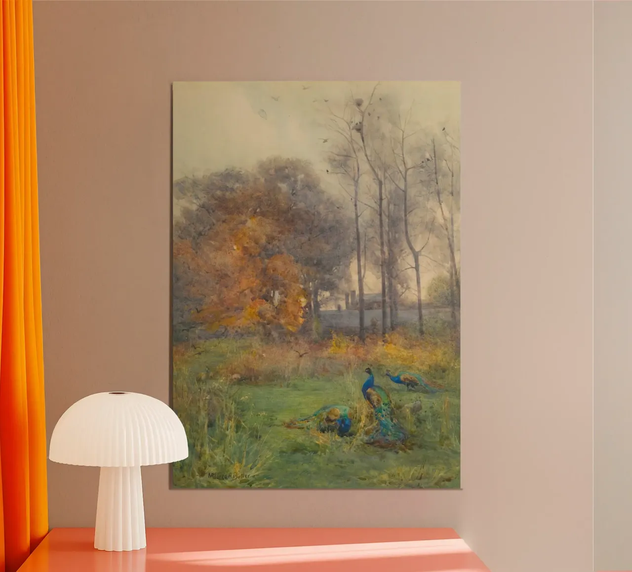 Pavoni in un paesaggio autunnale Arte ad acquerello poster con telaio in alluminio da vintagepod