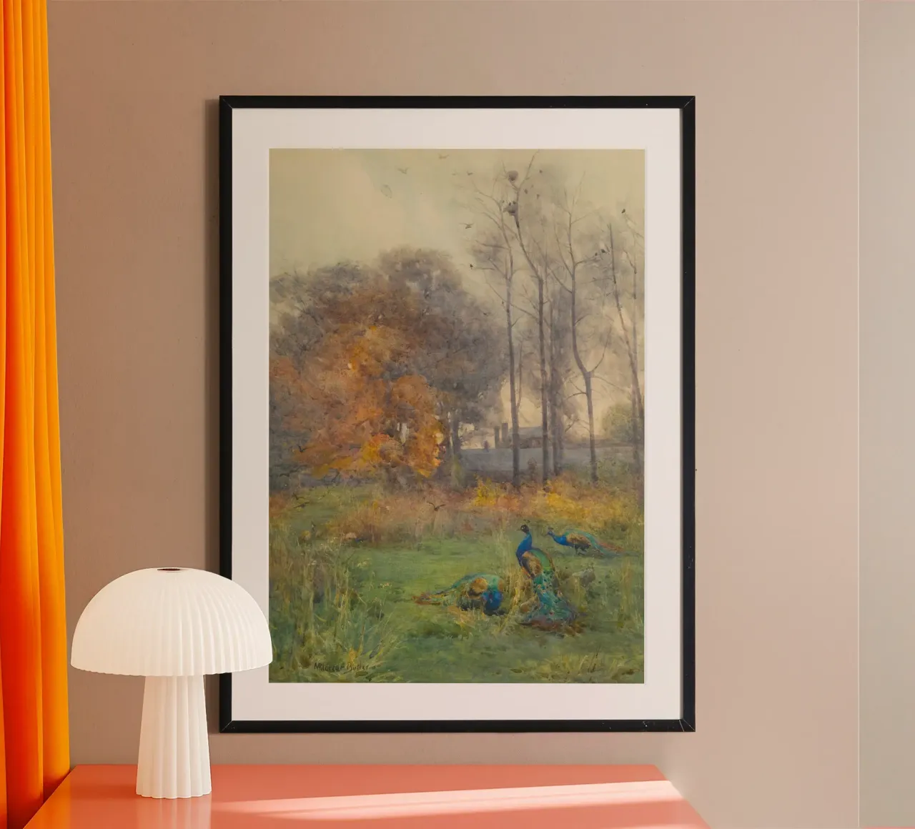 Pavoni in un paesaggio autunnale Arte ad acquerello poster con telaio in alluminio da vintagepod
