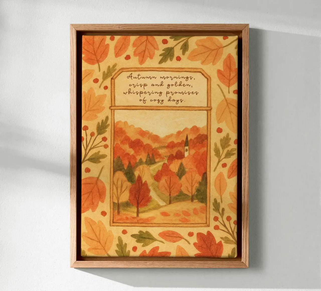 Cozy Autumn Morning Landscape with Leaf Frame canvas with Floater frame by vintagepod