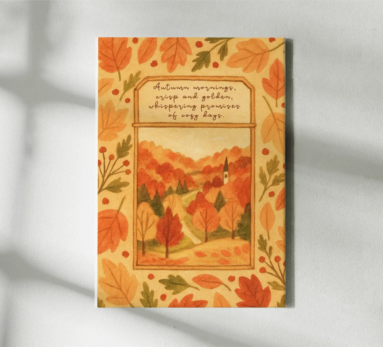 Cozy Autumn Morning Landscape with Leaf Frame canvas with Floater frame by vintagepod