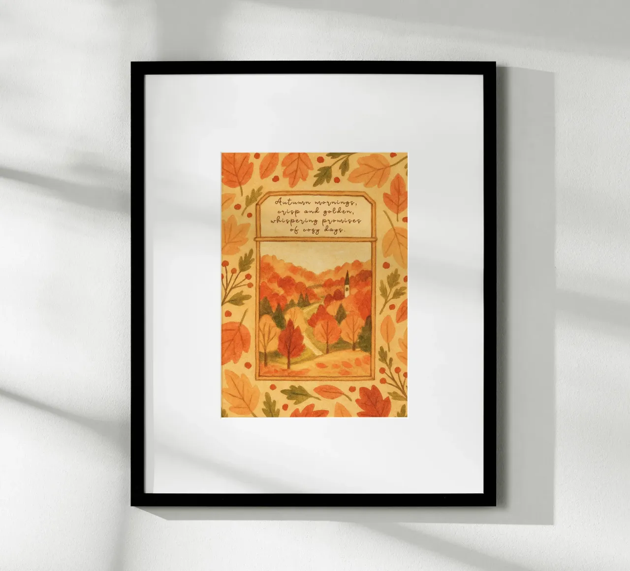 Accogliente paesaggio mattutino d'autunno con cornice di foglie poster da vintagepod