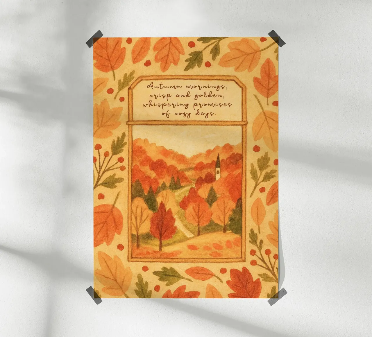 Accogliente paesaggio mattutino d'autunno con cornice di foglie poster da vintagepod