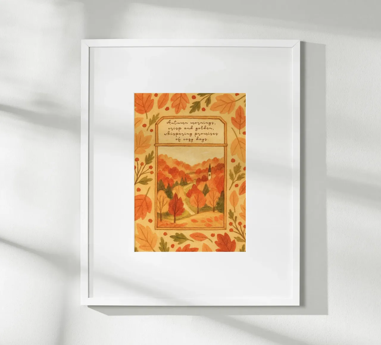 Accogliente paesaggio mattutino d'autunno con cornice di foglie poster da vintagepod