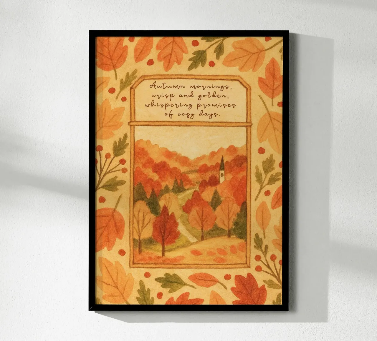 Accogliente paesaggio mattutino d'autunno con cornice di foglie poster da vintagepod