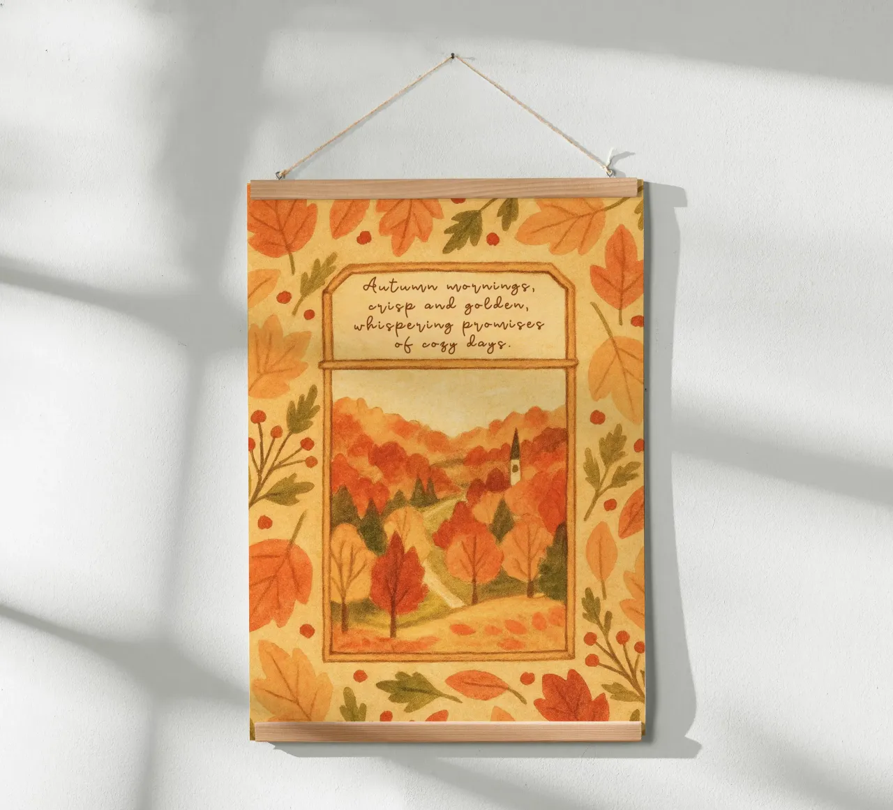 Accogliente paesaggio mattutino d'autunno con cornice di foglie poster da vintagepod