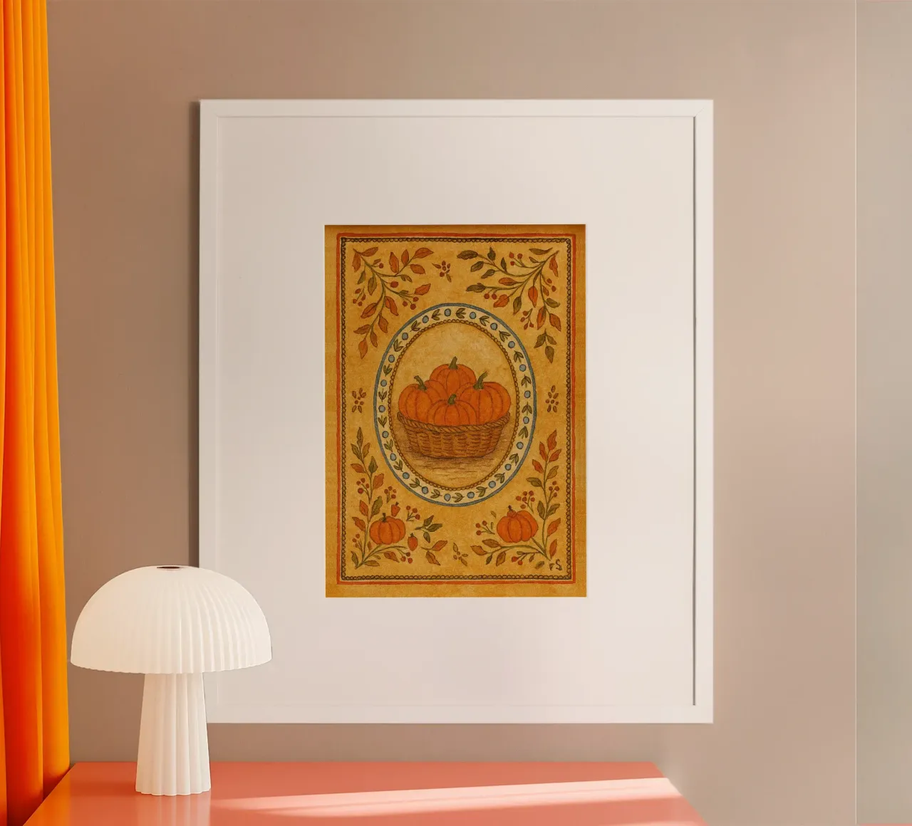Cestino di zucca in arte popolare con cornice floreale poster da vintagepod