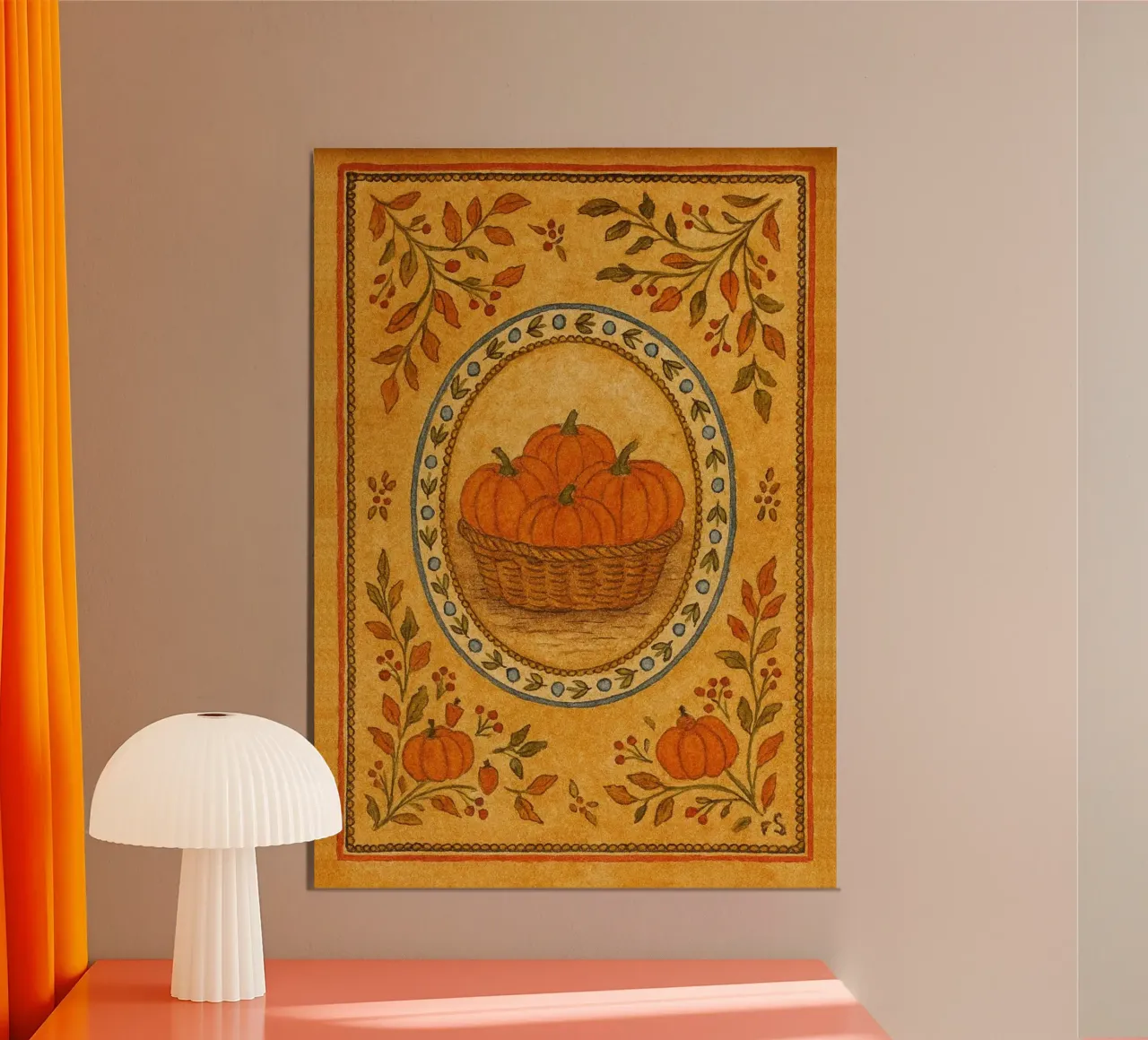 Cestino di zucca in arte popolare con cornice floreale poster da vintagepod
