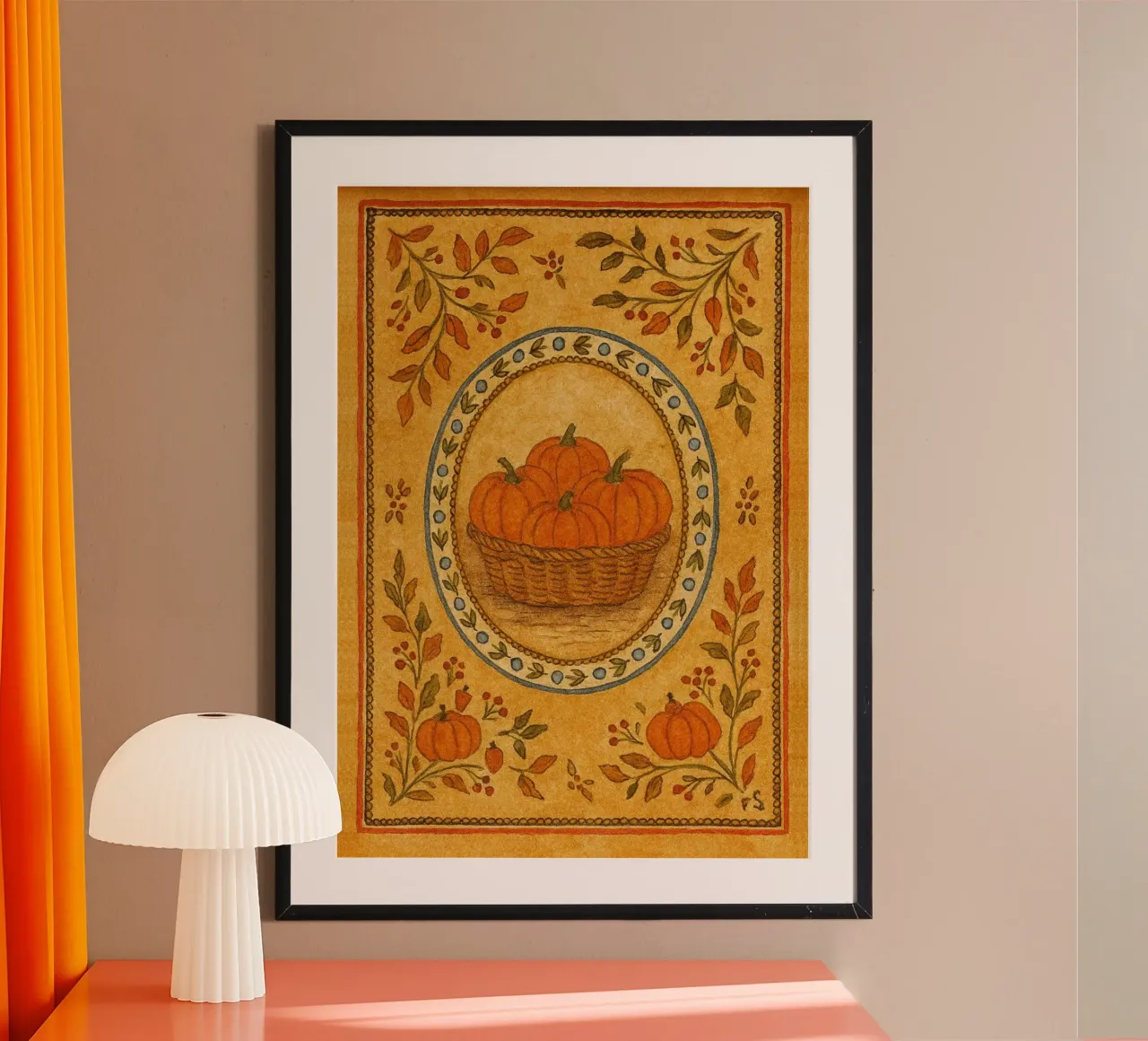 Cestino di zucca in arte popolare con cornice floreale poster da vintagepod