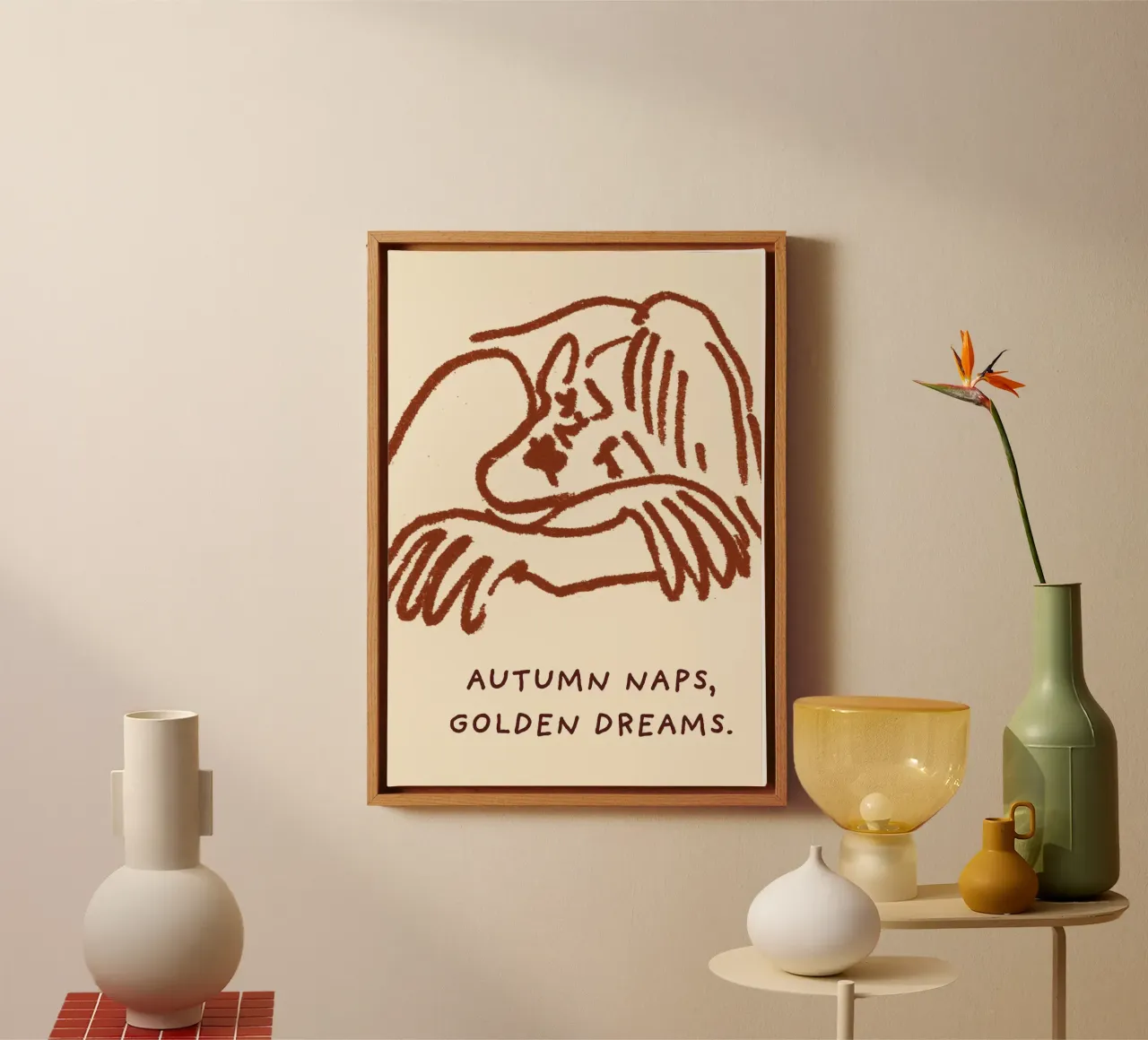 Autumn Naps Golden Dreams Line Art Print canvas with Floater frame by vintagepod