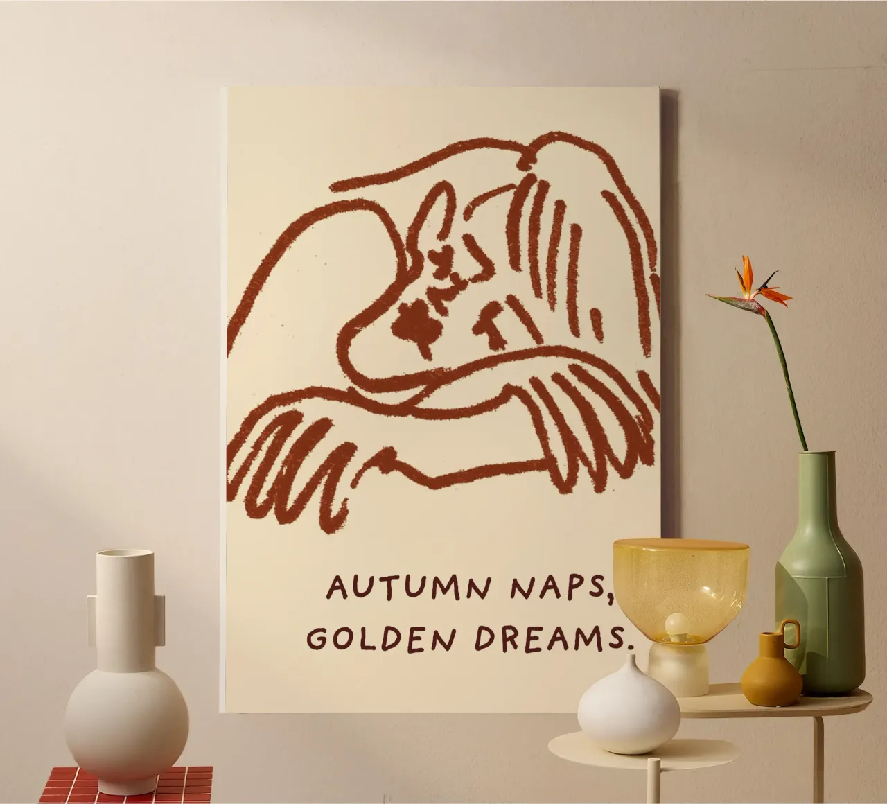 Autumn Naps Golden Dreams Line Art Print canvas with Floater frame by vintagepod
