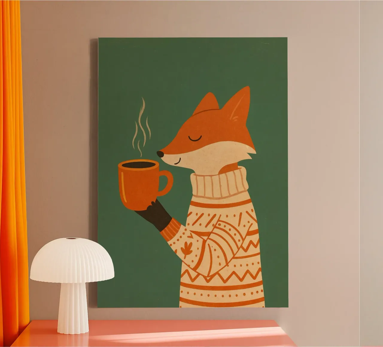 Cozy Fox with Hot Coffee Sweater Art Print canvas with Floater frame by vintagepod