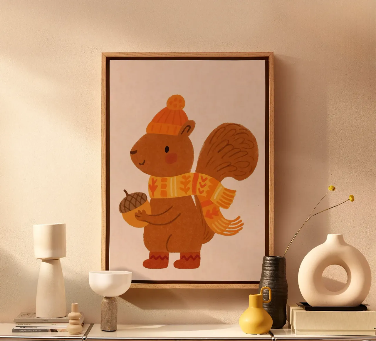 Cute Cozy Squirrel Autumn Acorn Wall Art canvas with Floater frame by vintagepod