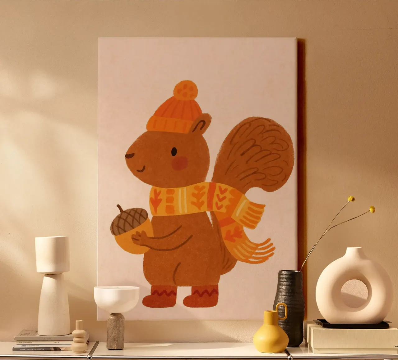 Cute Cozy Squirrel Autumn Acorn Wall Art canvas with Floater frame by vintagepod