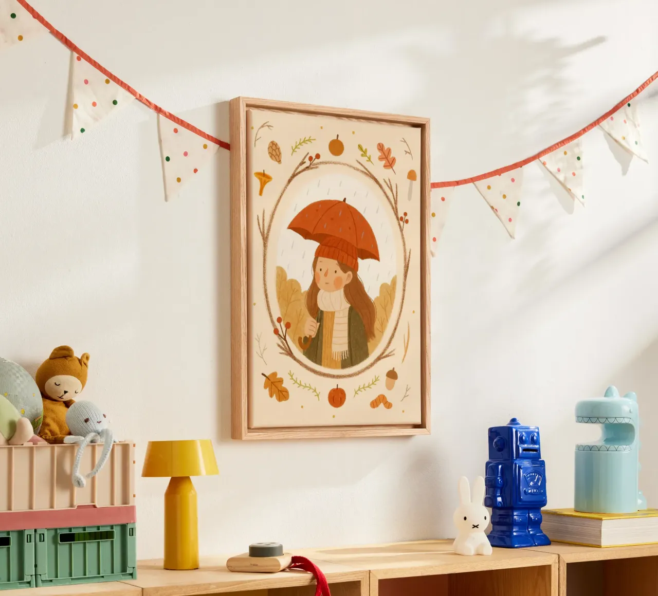 Cute Girl with Umbrella Fall Rain Art Print canvas with Floater frame by vintagepod