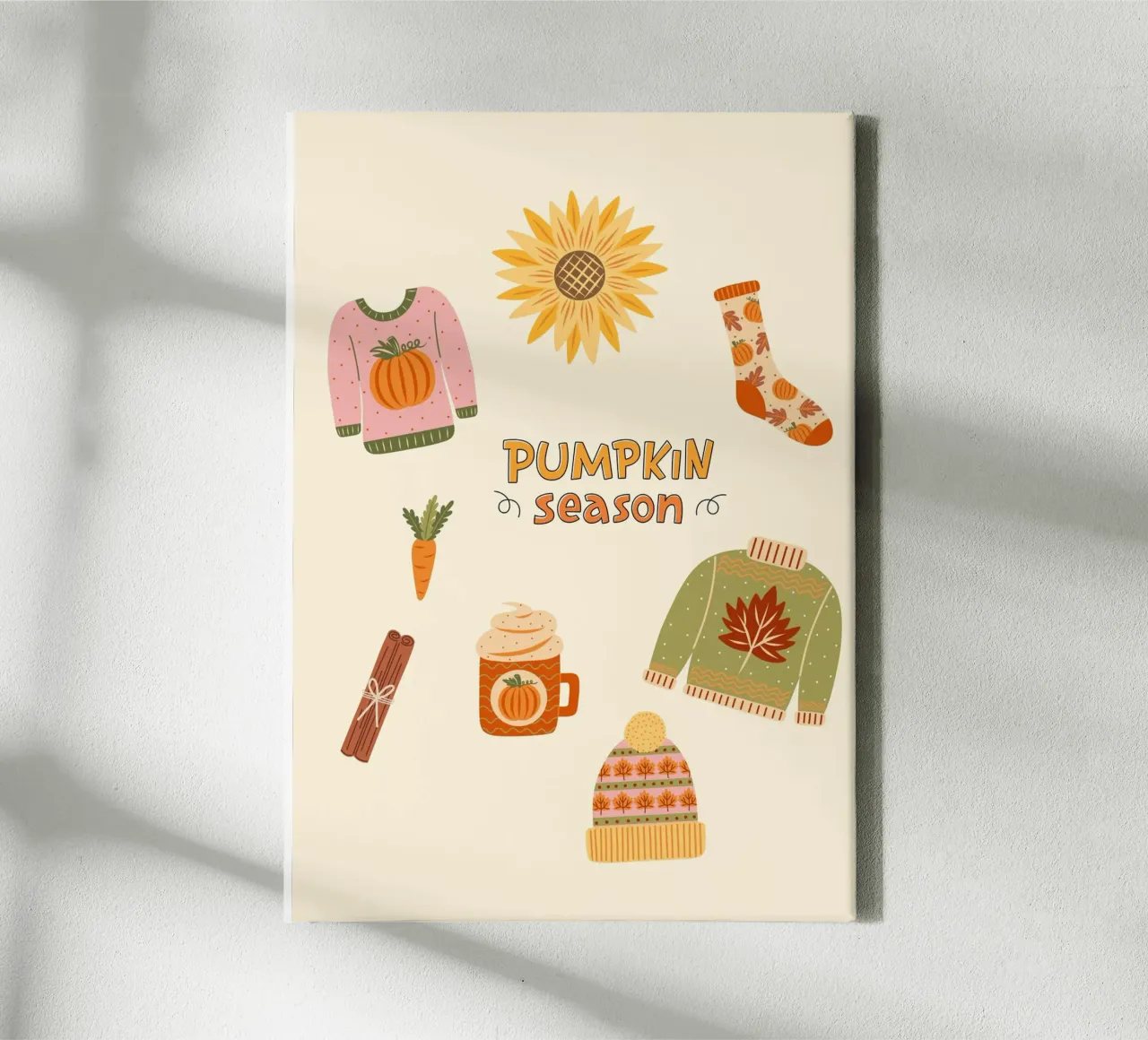 Pompoen Seizoen Gezellige Herfst Pictogrammen Poster canvas met Baklijst van vintagepod