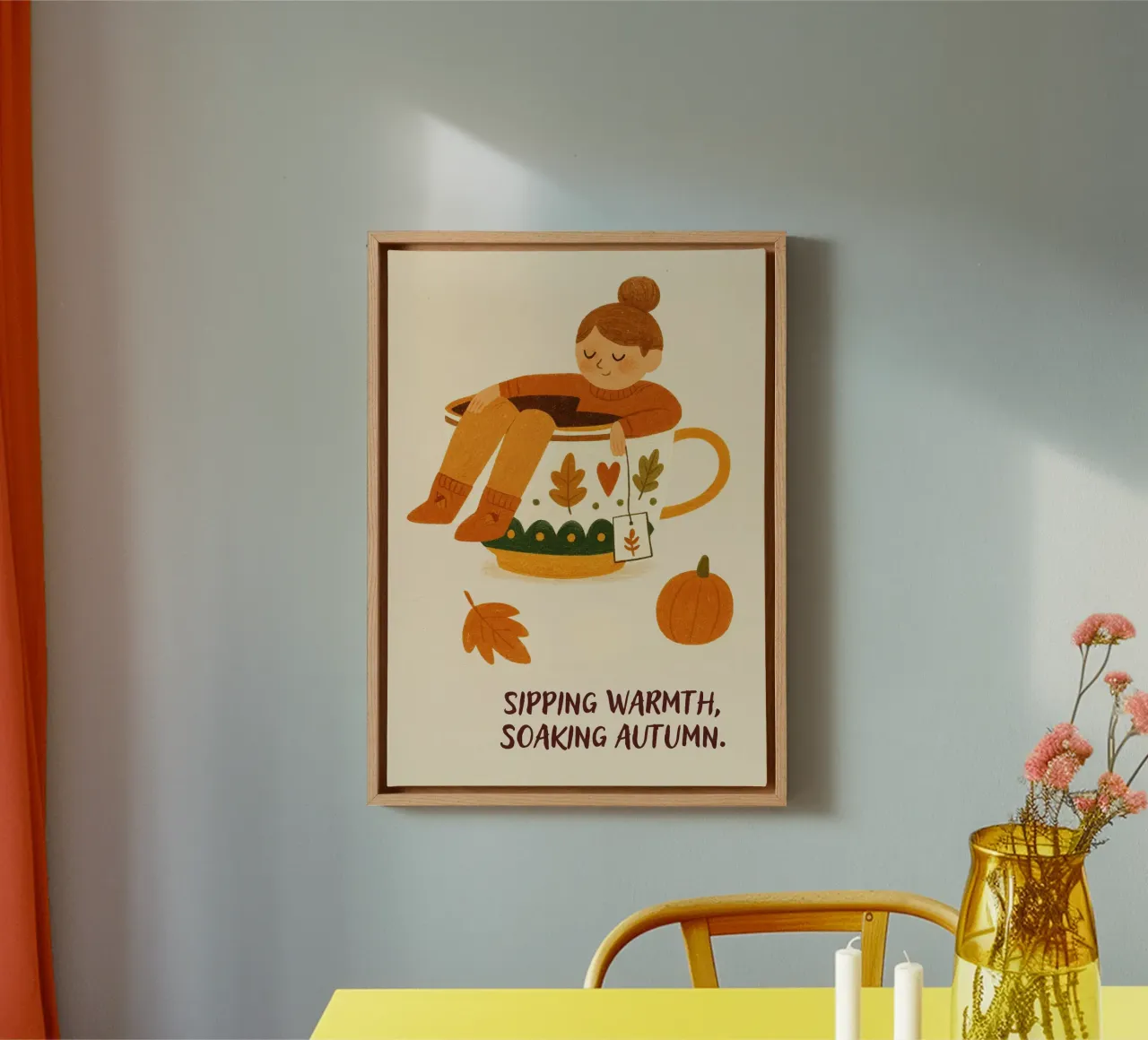 Nippend aan warmte, genietend van herfstige knusse kunst canvas met Baklijst van vintagepod