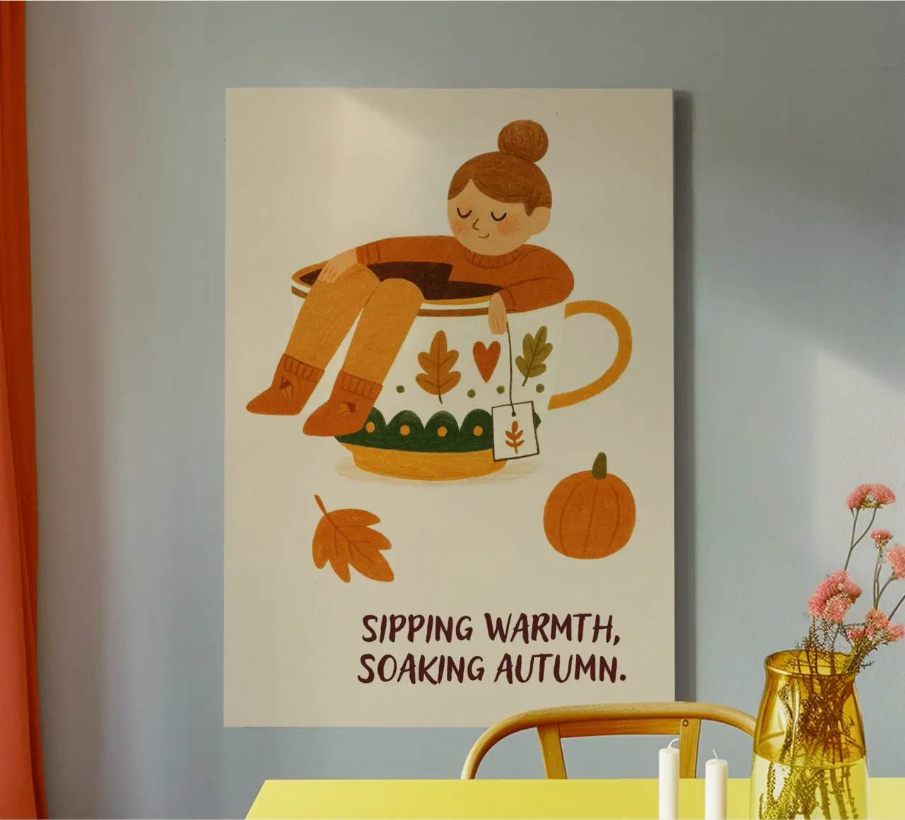 Nippend aan warmte, genietend van herfstige knusse kunst canvas met Baklijst van vintagepod
