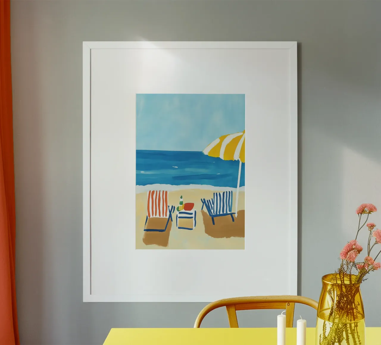 Abstract Beach Chairs and Umbrella Art Print poster with wooden frame by dawnthesea