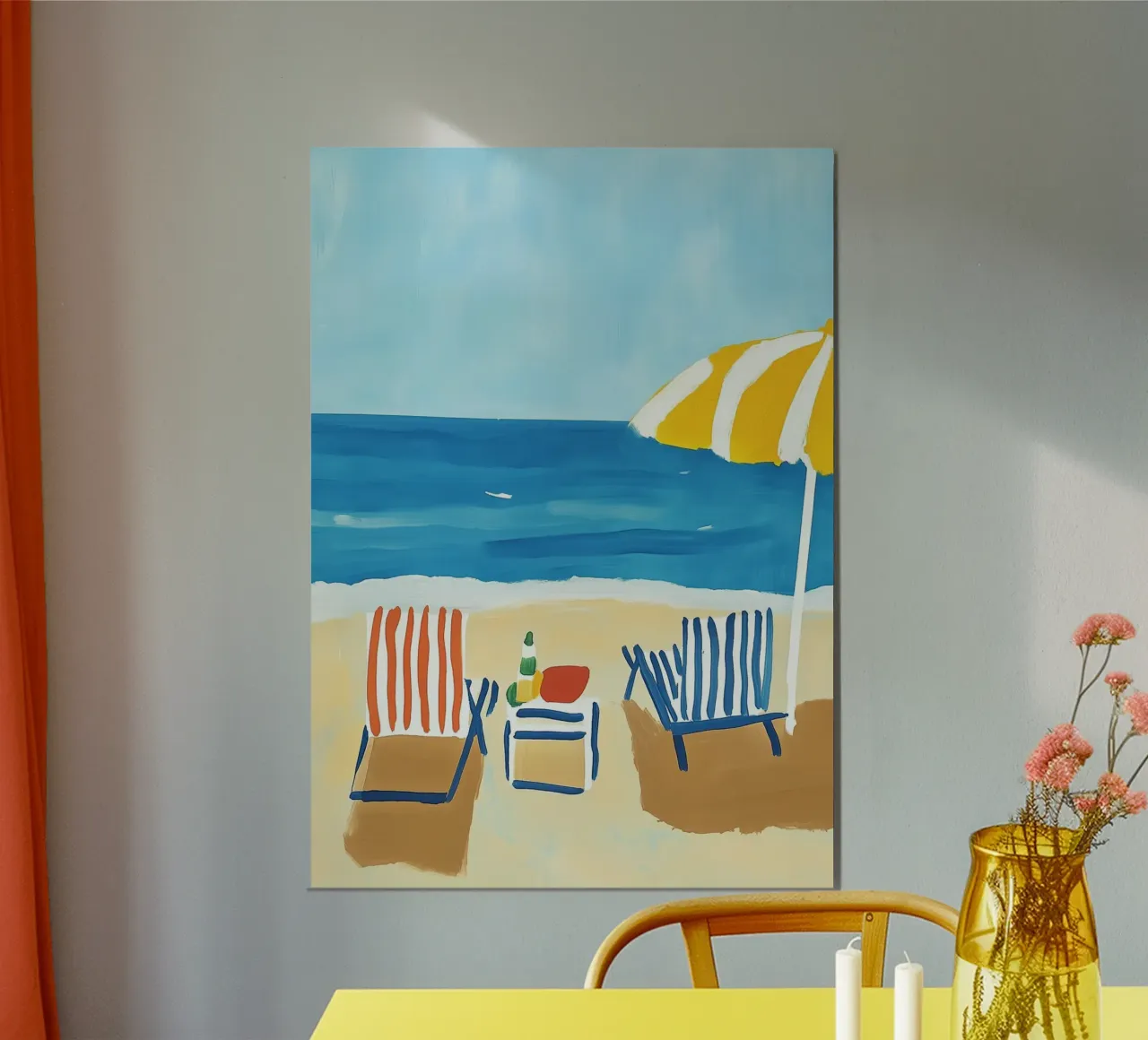 Abstract Beach Chairs and Umbrella Art Print poster with wooden frame by dawnthesea