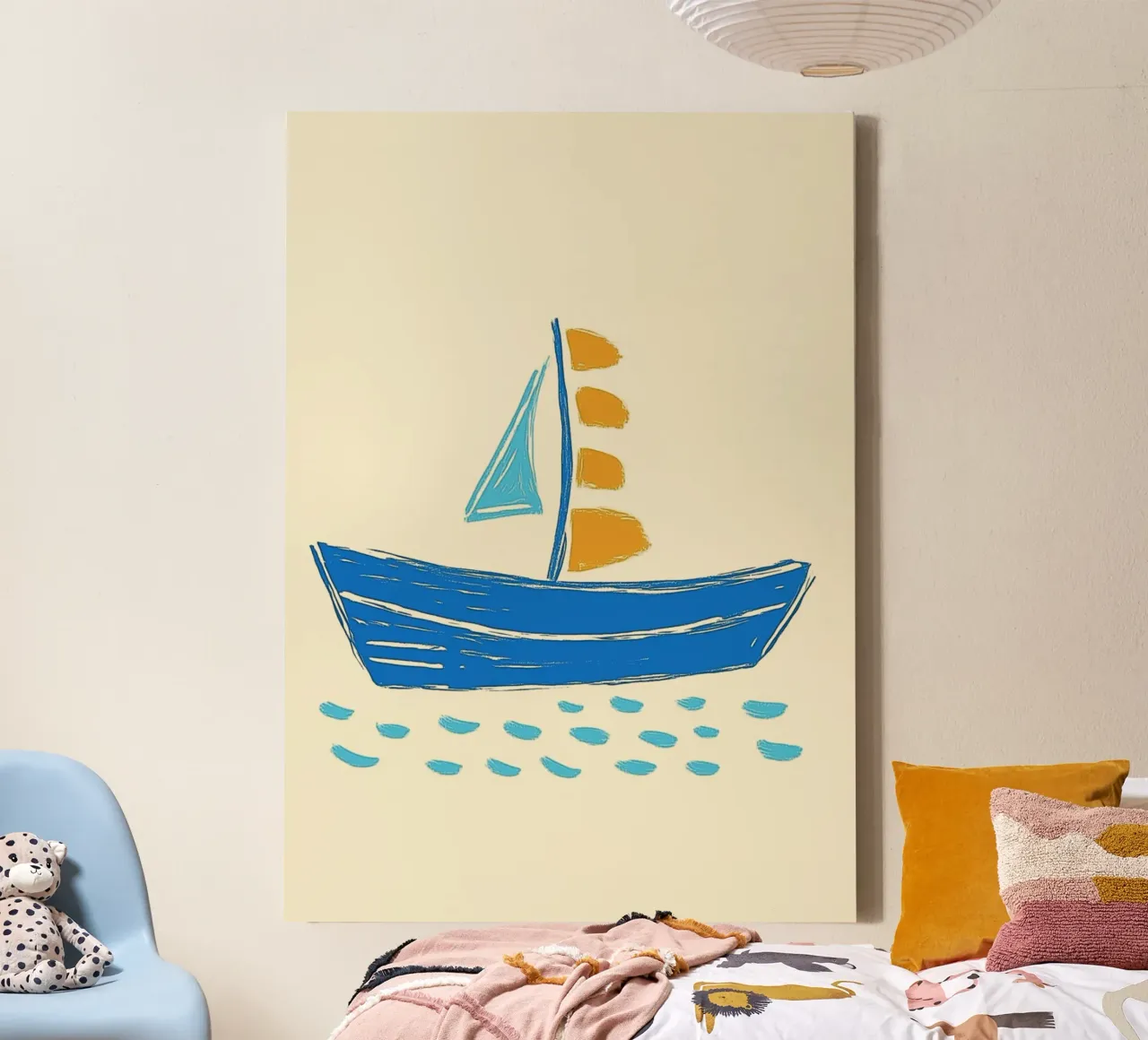Abstracte blauwe zeilboot Folk Art Print canvas van dawnthesea