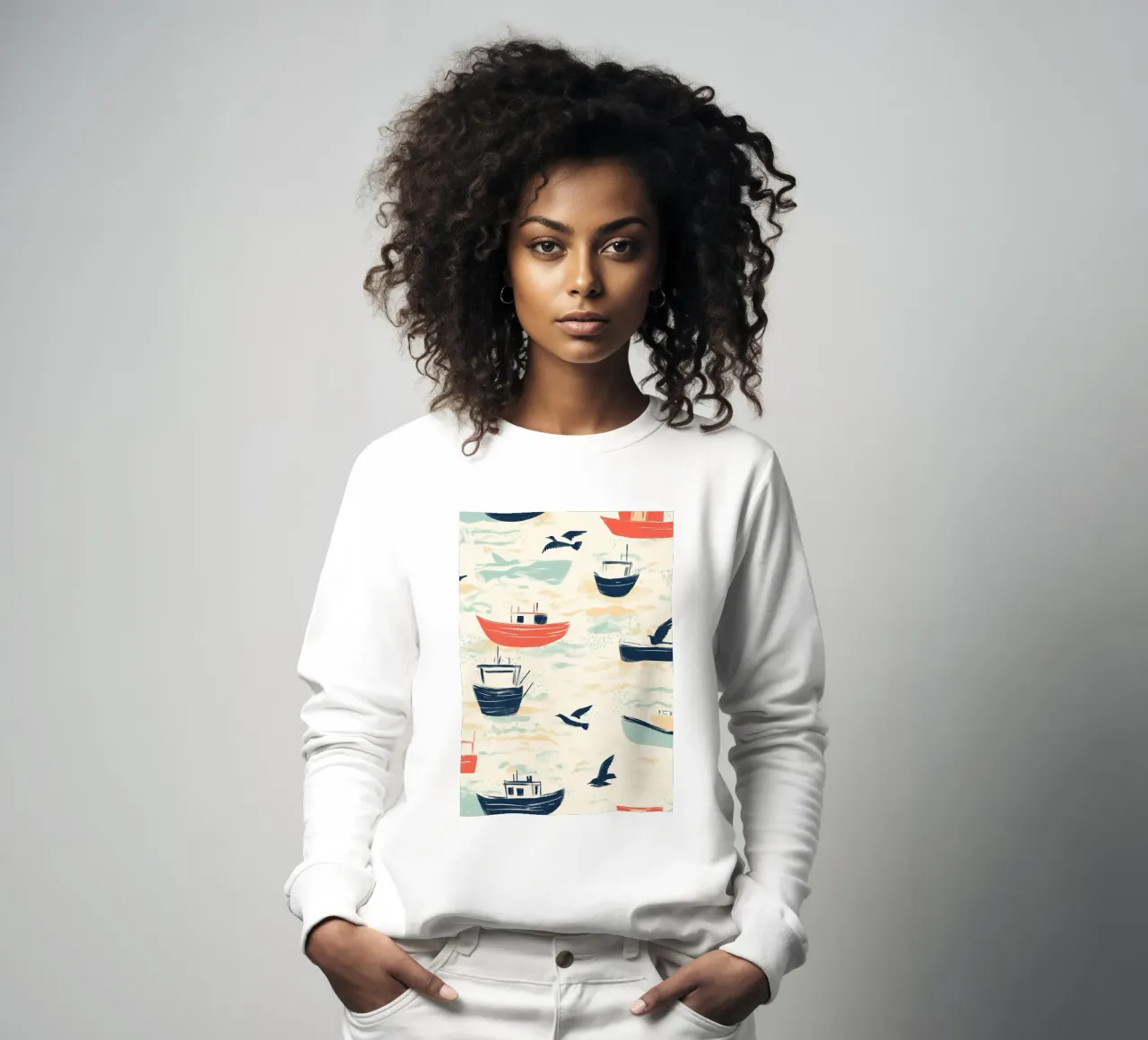 Kustvissersboten en zeemeeuwen Patroon Print sweatshirt van dawnthesea