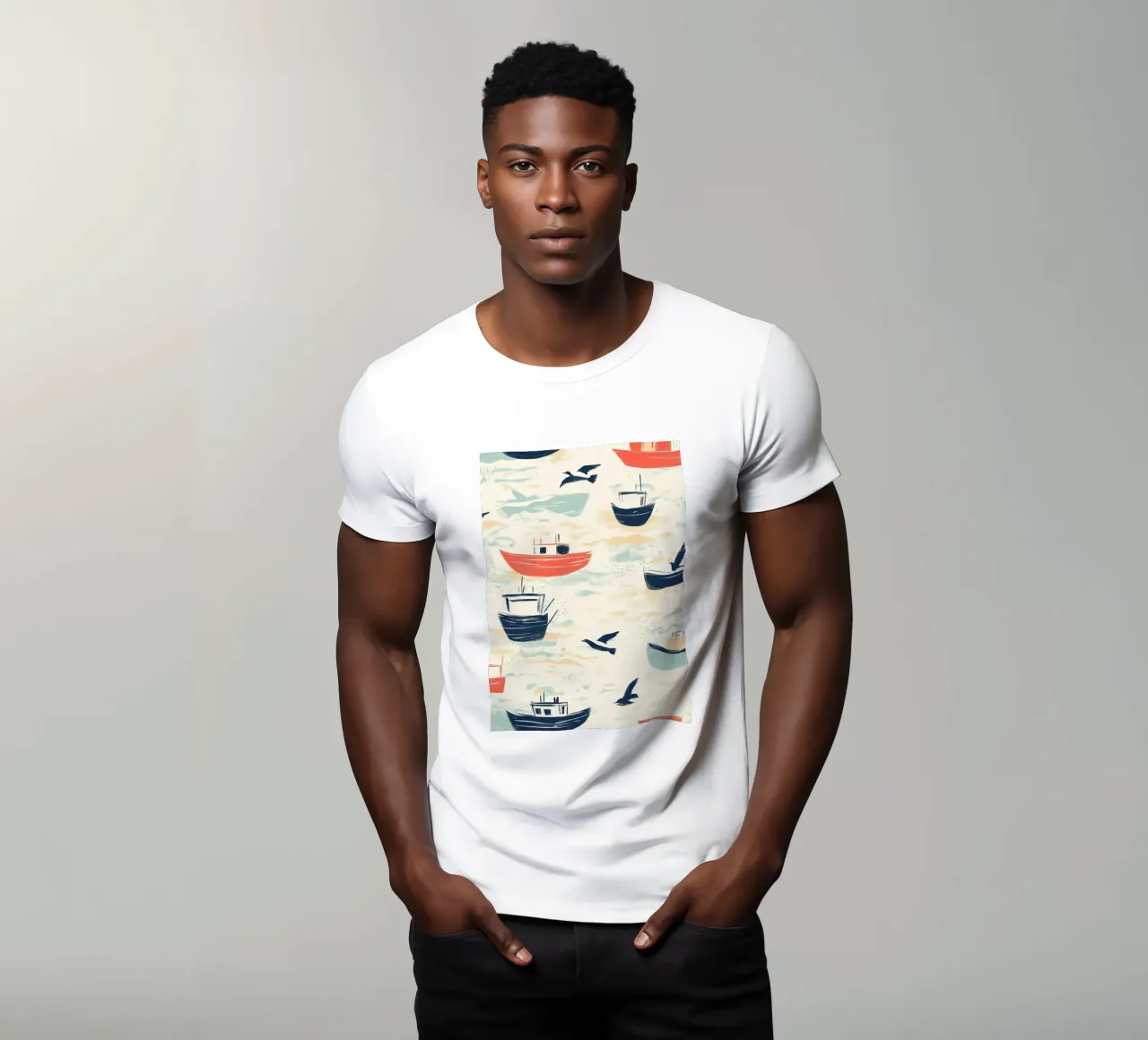 Kustvissersboten en zeemeeuwen Patroon Print t-shirt van dawnthesea