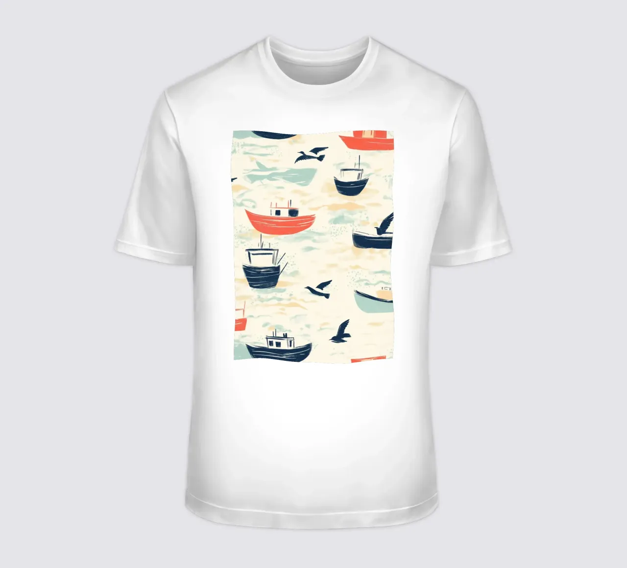 Kustvissersboten en zeemeeuwen Patroon Print t-shirt van dawnthesea