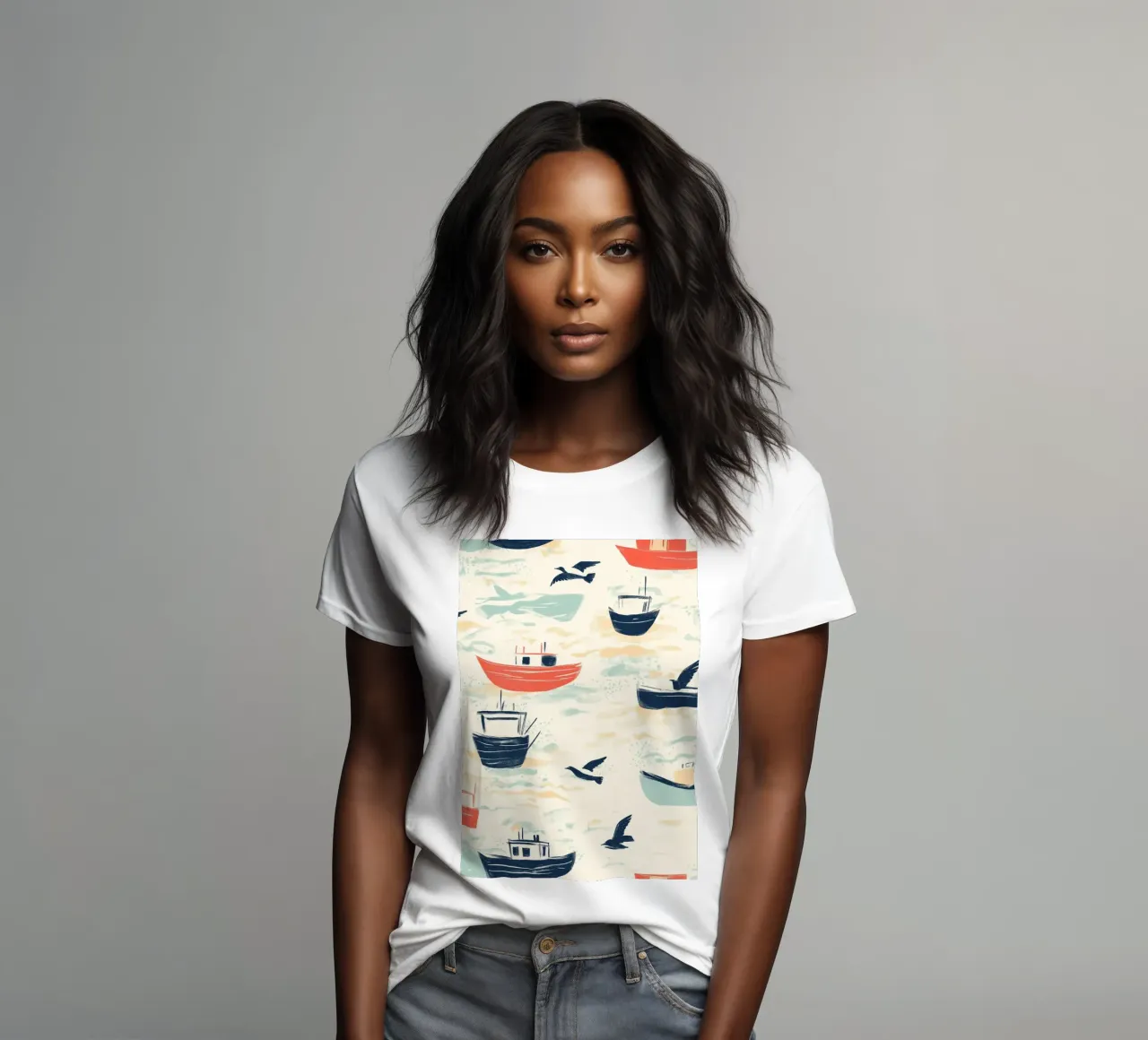 Kustvissersboten en zeemeeuwen Patroon Print dames t-shirt getailleerd van dawnthesea