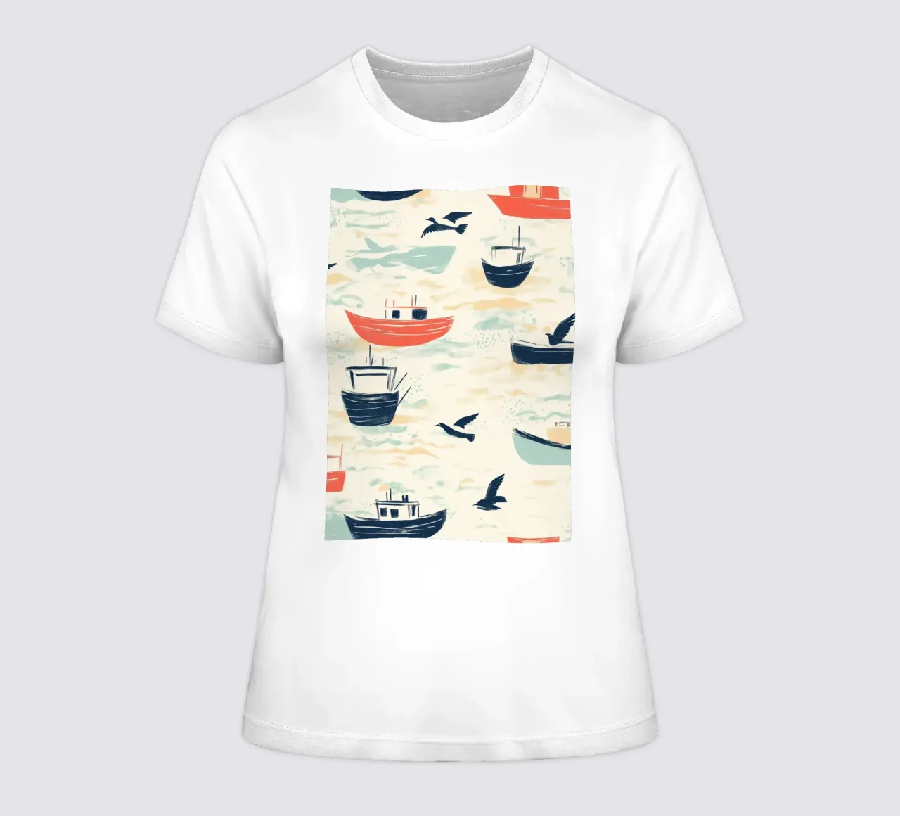 Kustvissersboten en zeemeeuwen Patroon Print dames t-shirt getailleerd van dawnthesea