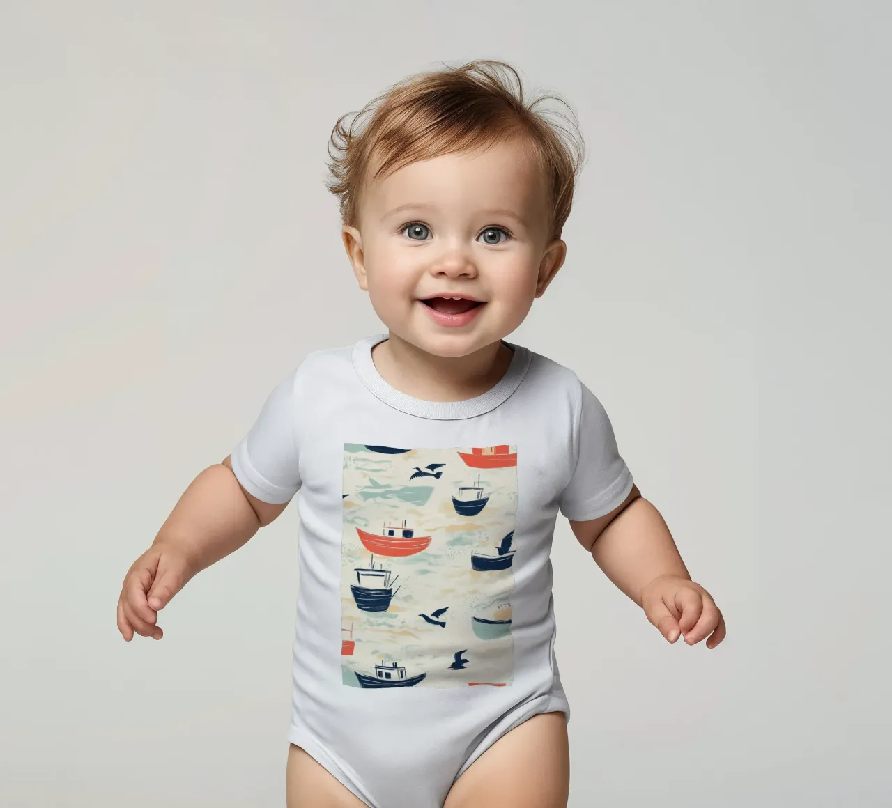 Kustvissersboten en zeemeeuwen Patroon Print babyrompertje korte mouwen van dawnthesea