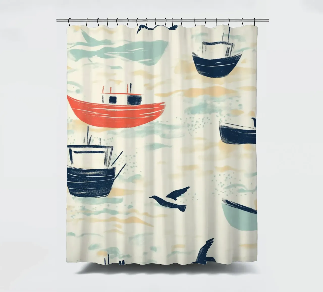 Kustvissersboten en zeemeeuwen Patroon Print douchegordijn van dawnthesea