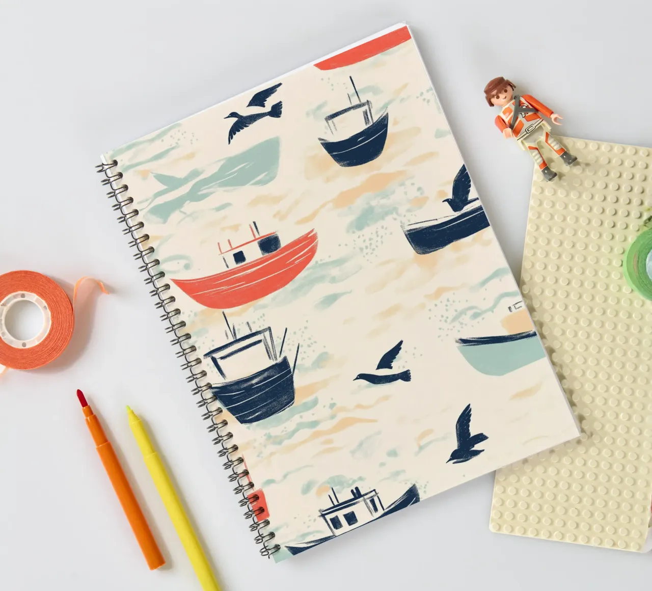 Kustvissersboten en zeemeeuwen Patroon Print notitieboek met spiraal van dawnthesea