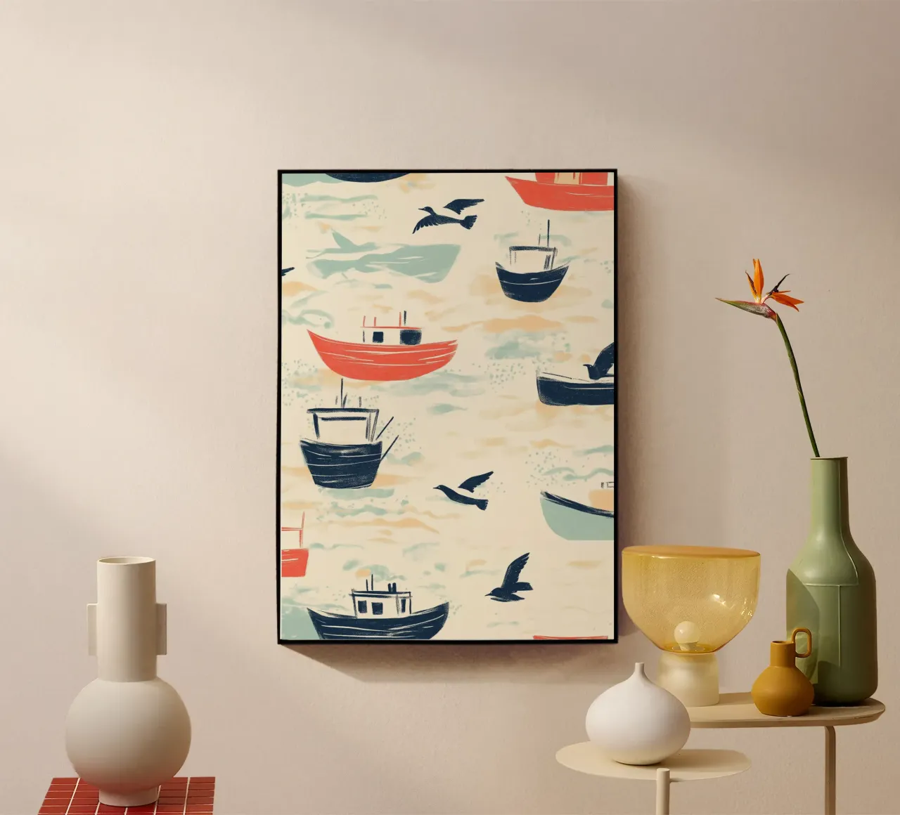 Kustvissersboten en zeemeeuwen Patroon Print acryl van dawnthesea