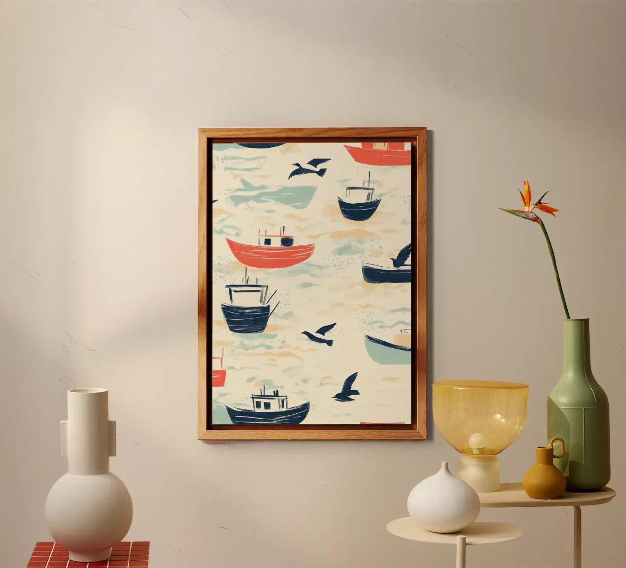 Kustvissersboten en zeemeeuwen Patroon Print aluminium-dibond van dawnthesea