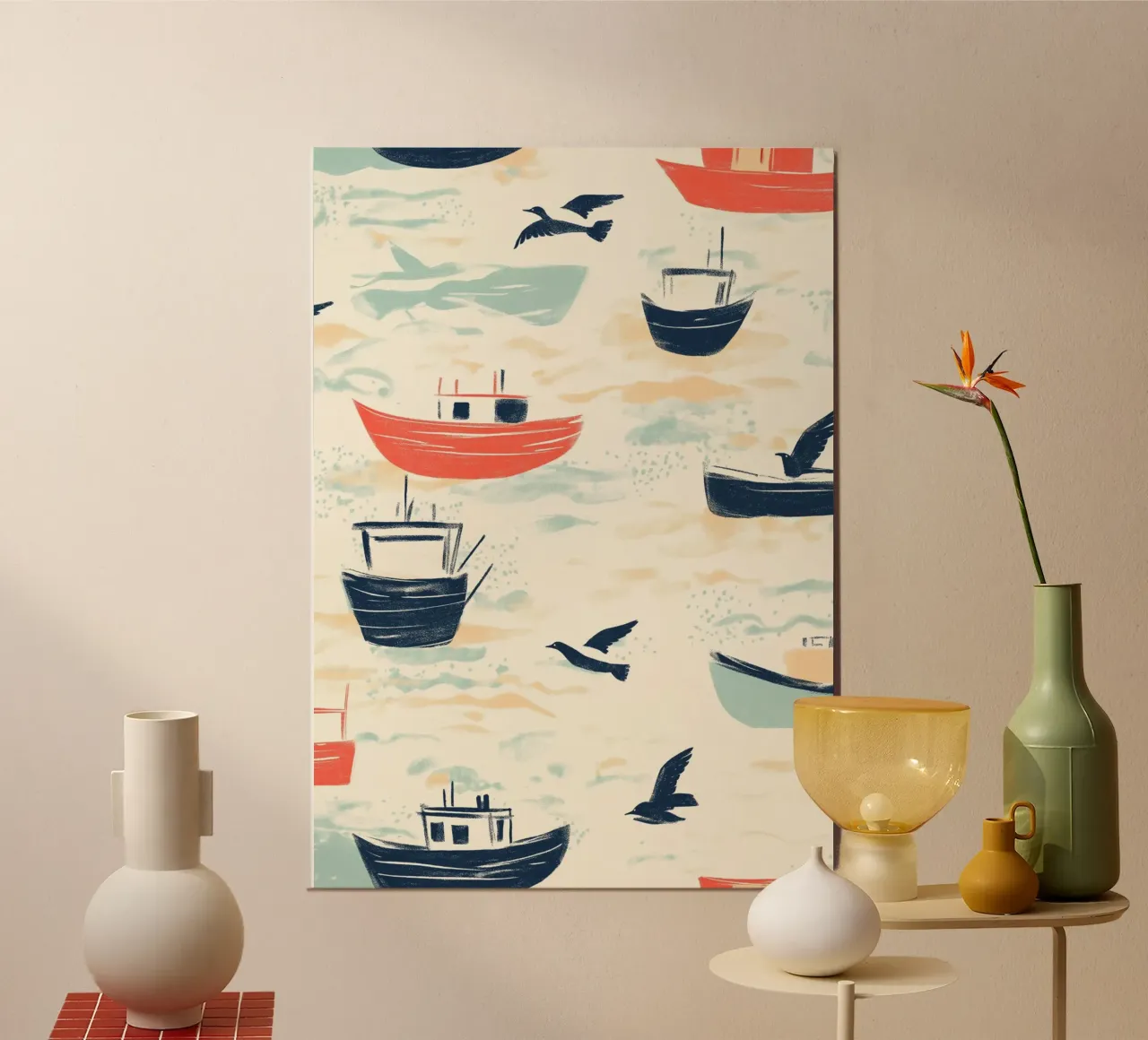 Kustvissersboten en zeemeeuwen Patroon Print aluminium-dibond van dawnthesea
