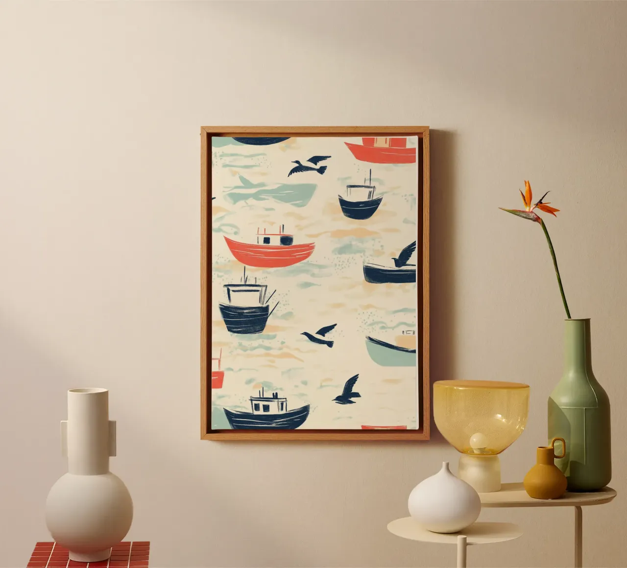 Kustvissersboten en zeemeeuwen Patroon Print canvas van dawnthesea