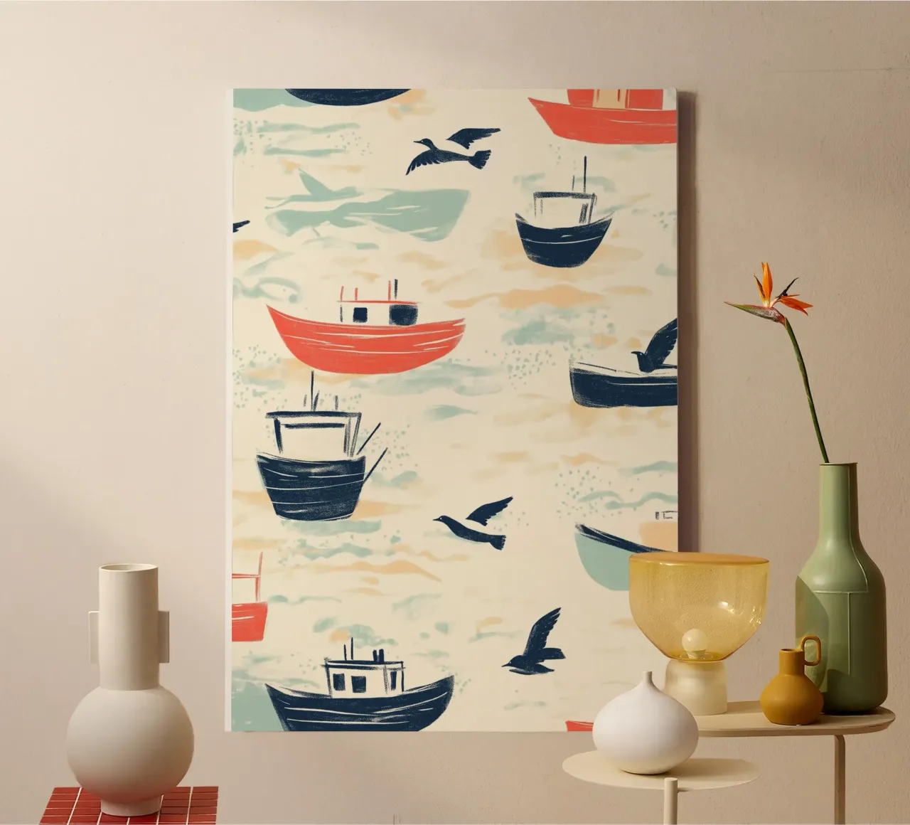 Kustvissersboten en zeemeeuwen Patroon Print canvas van dawnthesea