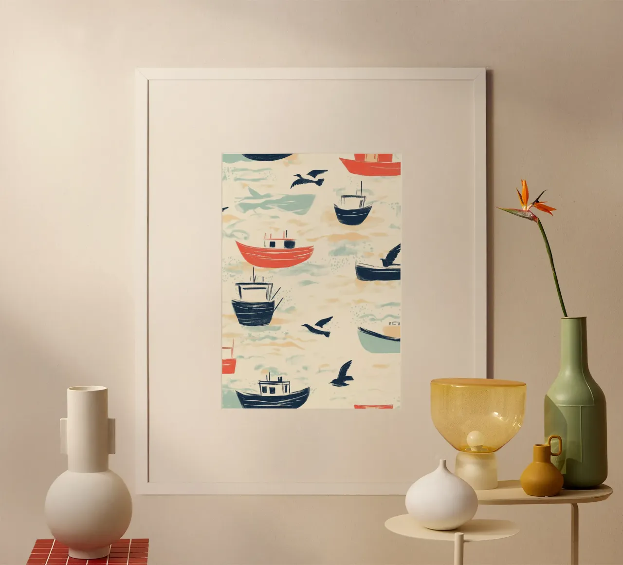 Kustvissersboten en zeemeeuwen Patroon Print poster van dawnthesea