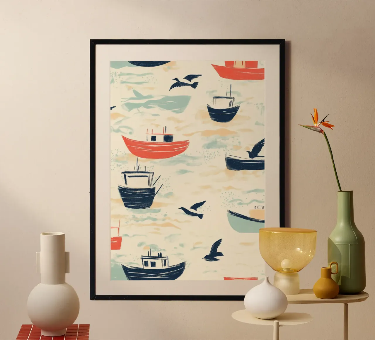 Kustvissersboten en zeemeeuwen Patroon Print poster van dawnthesea