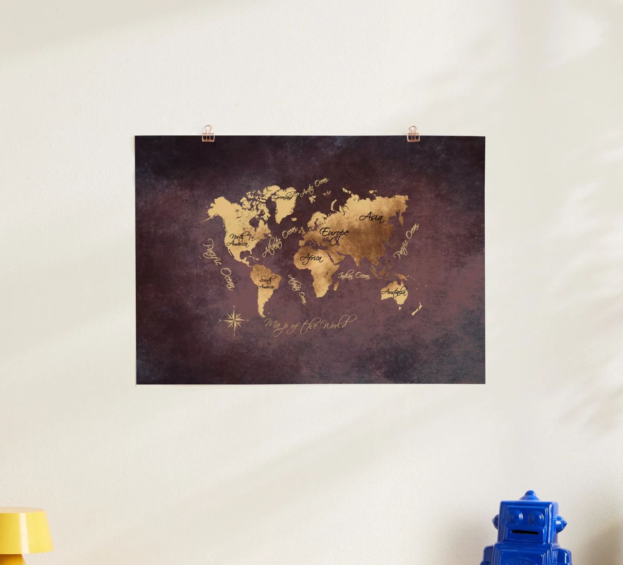 Brown and gold world map art poster by Justyna Jaszke JBJart