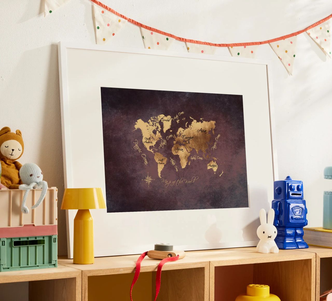 Brown and gold world map art poster by Justyna Jaszke JBJart