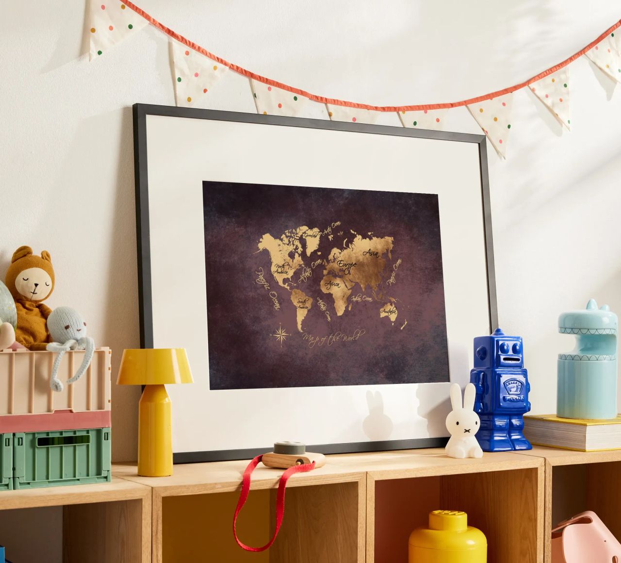 Brown and gold world map art poster by Justyna Jaszke JBJart